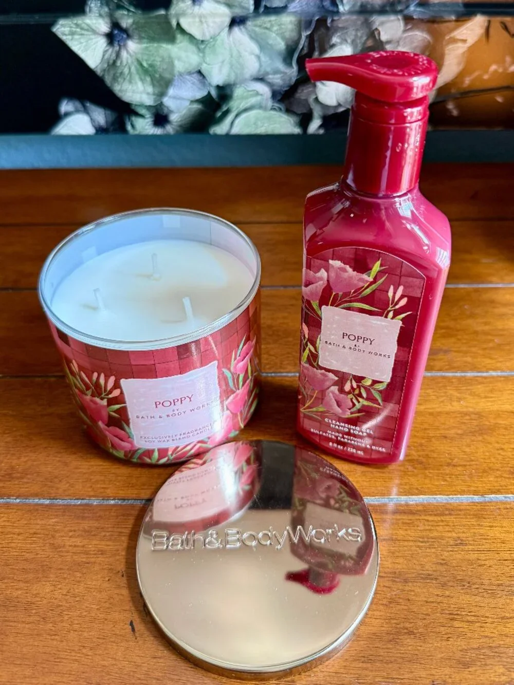 NEW 2-Pc POPPY 3-Wick Candle & Gel Hand Soap Bath & Body Works